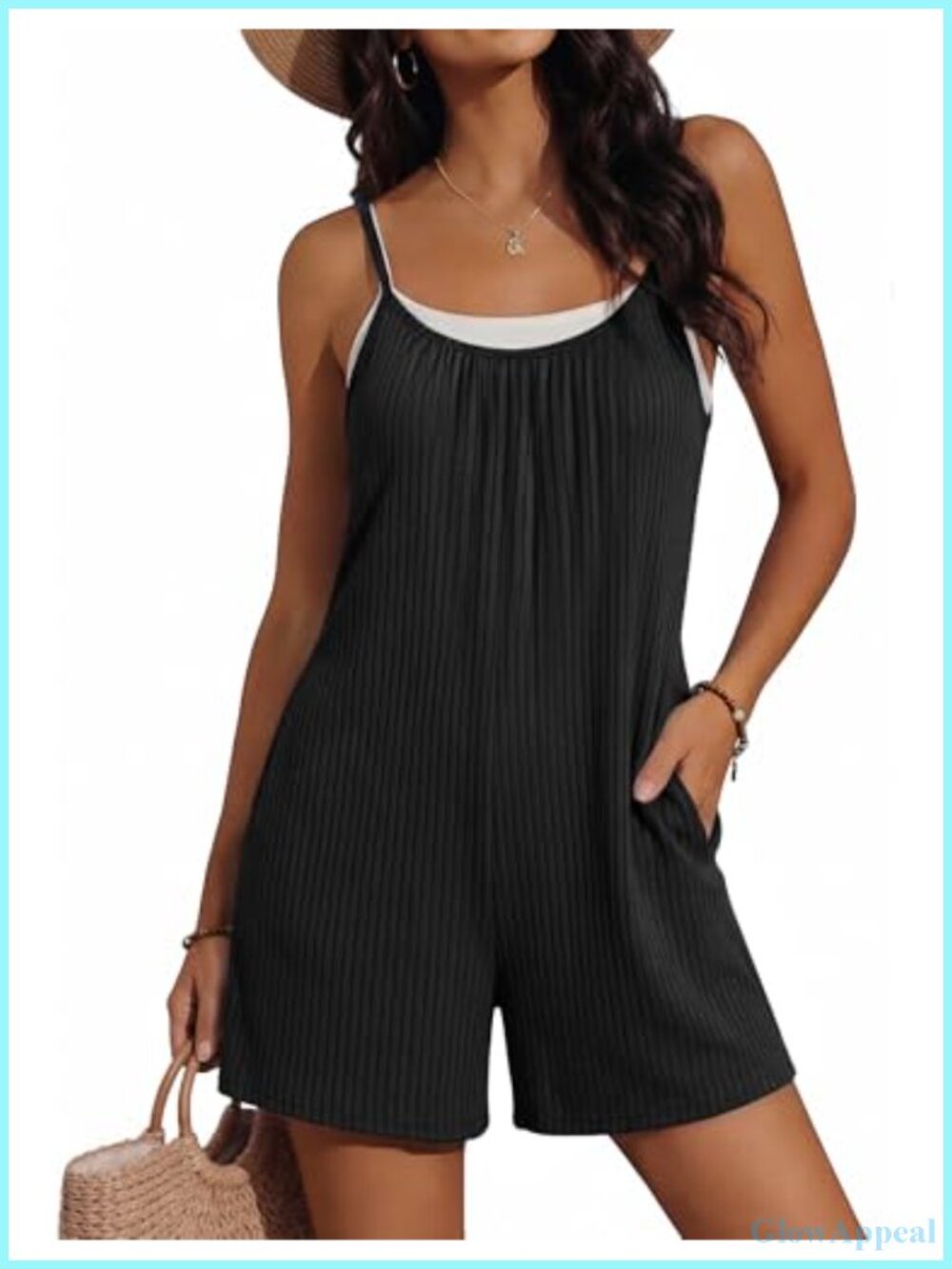 Womens Sleeveless Ribbed Romper Jumpsuit Adjustable Straps Pockets